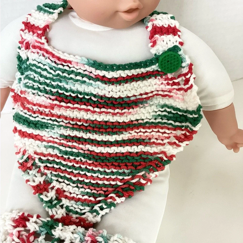 Bib Set Baby Hand Crafted Christmas Red White Green Cotton Knit Holiday Striped